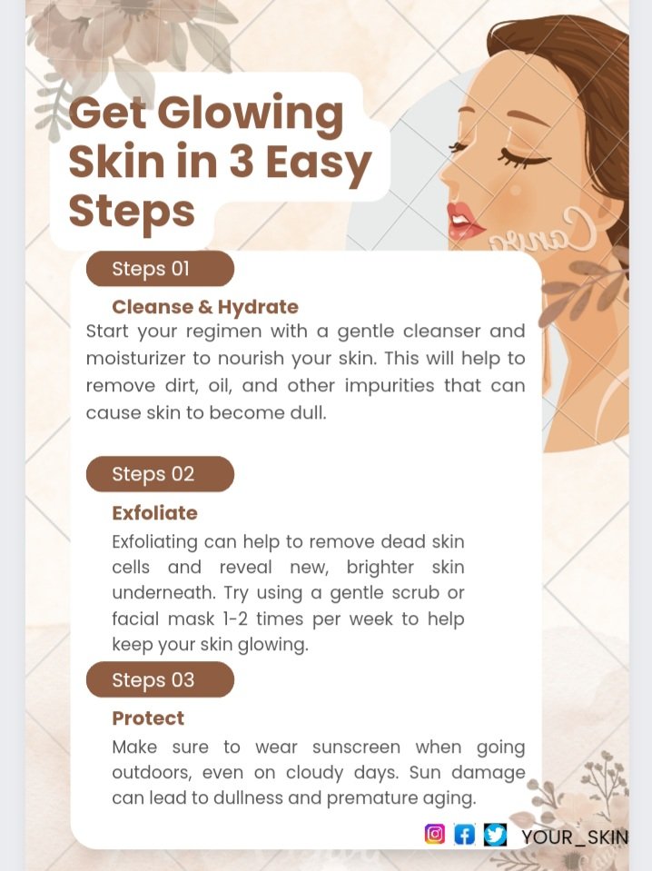 yourskin237's tweet photo. GLOW UP YOUR_SKIN in 3 easy steps. 
Follow these steps and you will see YOUR_SKIN texture and completion improve. 
------
#GlowingSkin #Glowup #cleanse #Hydration #Exfoliation #Sunscreen  #GoodSkin #PerfectSkin #betterLook #BeautyLovers #GoodCompletion #YOUR_SKIN https://t.co/5FICmMs5kd