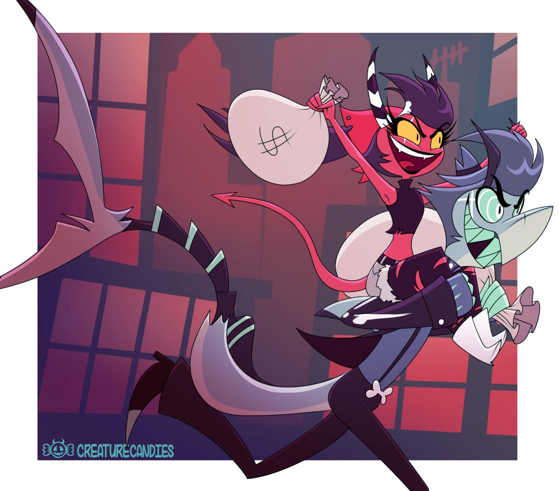 Hear me out. Sallie May and Chaz, who definitely isn't dead, teaming up for some buddy crime hijinks. She's the brains, and the beauty, and (let's be real) the brawn. And he's Chaz. And they just somehow pull off dumb crimes successfully. #HelluvaBoss #HelluvaBossFanart