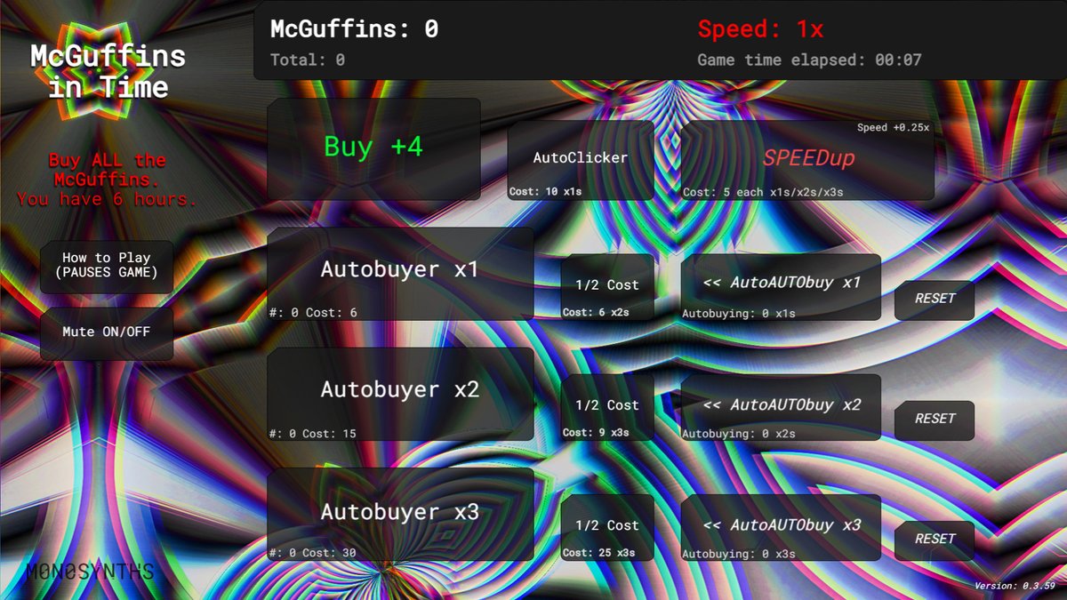 MONOSYNTHSgames's tweet photo. **McGuffins in Time v0.3.59**
✅ Design update!
✅ New pulsing bkg animation!
✅ Easier to understand &amp; play!
✅ Play in browser &amp; download it FREE!
https://t.co/pPy1ZyV6Ss 

#gamedevjs #gamedev #indiegames #idle #clicker #GDevelop #android #htmlgames https://t.co/435e2jHaSB