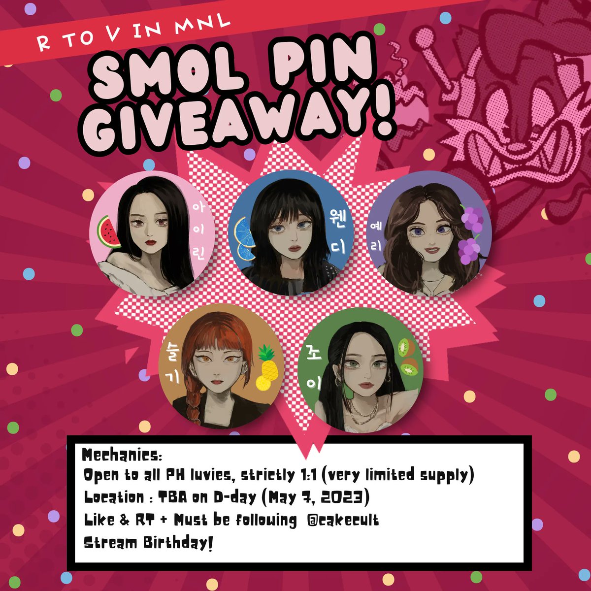 ☆ r to v smol pin giveaway ! ☆

open to all luvies on d-day!
see mechanics below ~ 
also stay tuned bc might giveaway more surprise stuff ??? 🫨 (open to donashunz plz) 

#REDVELVETinMNL2023 #RtoVinMANILA