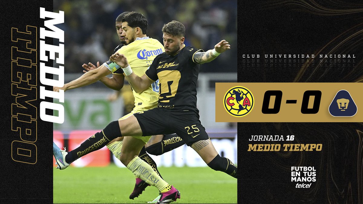 PumasMX's tweet photo. ⏱ 45’ I #AMEvsUNAM 🦅0-0🐾

Llega el descanso en el Azteca. 
¡Dale, Pumas! 👊

#SoyDePumas #OrigenDeLaPasión #FutbolEnTusManos @Telcel https://t.co/jXeD96pg3q