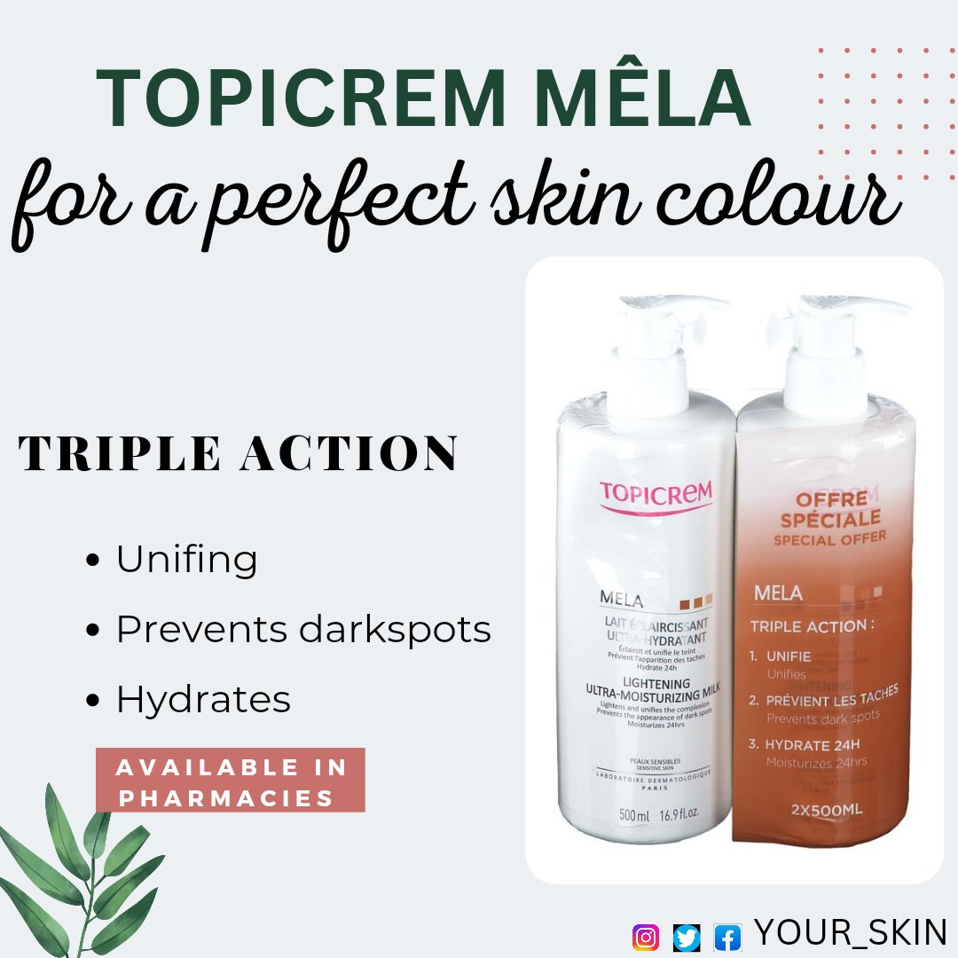 yourskin237's tweet photo. Do you want a more light skin colour?
Do you want to get rid of dark spots?
Do YOUR_SKIN need hydration?

TOPICREM MELA triple is perfect for you.
Use this lotion to get a perfect  skin colour 
-----
 #ZeroSpots  #EvenSkinTone #HydrayedSkin  #PerfectSkin  #TopicremMela #YourSkin https://t.co/6tSfHZMrVD