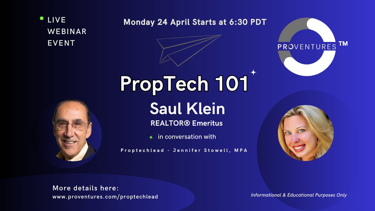 realtyschool101's tweet photo. We're thrilled to announce our upcoming live webinar event, "#PropTech 101: A Conversation with REALTOR® Emeritus Saul Klein and PropTechLead Jennifer Stowell."

https://t.co/oW8yiW3nHk https://t.co/HfWr13yRuP
