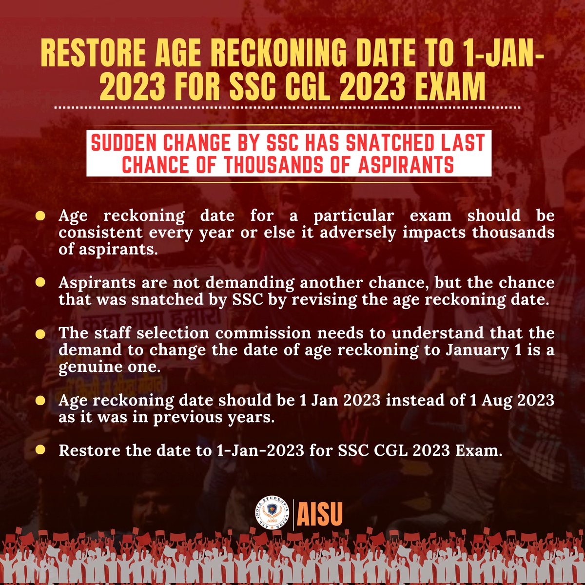 Official_AISU's tweet photo. The future of thousands of aspirants is at stake, SSC must restore the age reckoning date to ensure fairness and equal opportunity.
#SSC_CGL_1JAN
#SSC_CGL_AGE_RECKONING_1_JAN https://t.co/7CCsYBWZk2