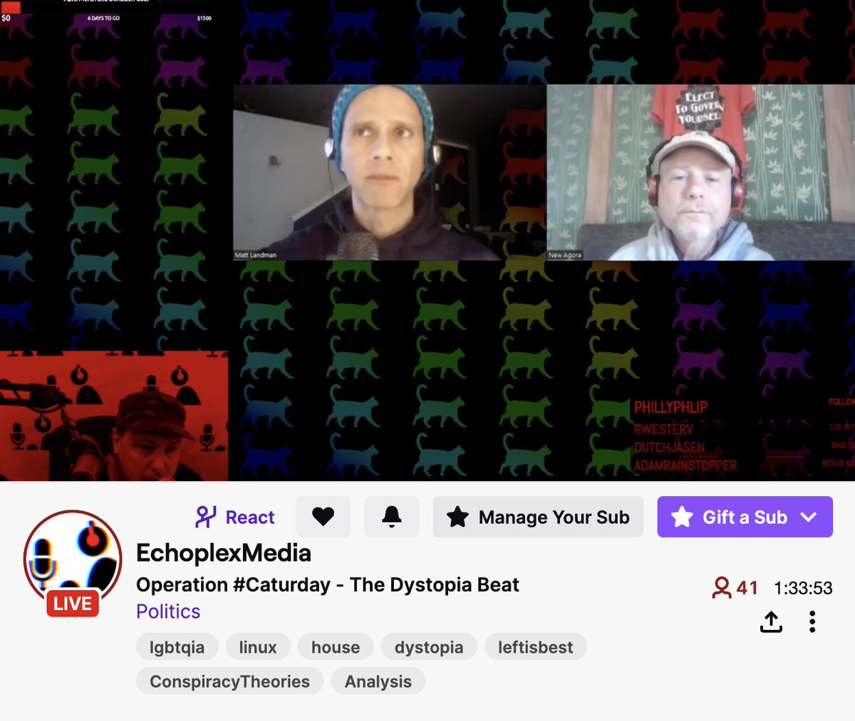 LRBitisnot's tweet photo. "#EchoplexMedia Operation #Caturday - The Dystopia Beat," is on LIVE in the #NowSpace with @mistahbuhau. The night is still young at @EplexM, so join the chat and have a laugh or two.
🔗https://t.co/c7HKwZw392 https://t.co/kP8Ih80nPQ