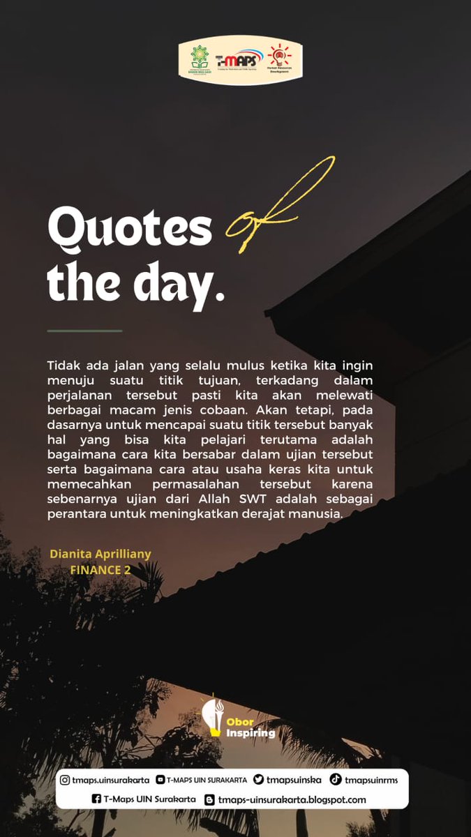 tmaps_uinska's tweet photo. 🔥OBOR INSPIRING 🔥
Jadikan cobaan sebagai perantara meningkatkan derajat di mata Pemilik Kehidupan. Sebab tidak ada kesuksesan tanpa adanya cobaan.
#TMAPS
#INSPIREYOURLIFE
#FANTASTIC
#THESPIRITOFINSPIRATION
#HRDSPONTANUHUY
Join with our media:
📺https://t.co/d0BofQET8E https://t.co/vhhxn125f7