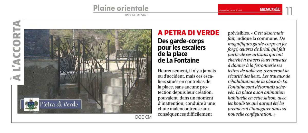 pietra0DI's tweet photo. Extrait du Journal " Corse-matin " du dimanche 23 avril 2023 . Page 11 . Plaine orientale - À l'accorta - A Petra di Verde - " Des garde-corps pour les escaliers de la place de la fontaine " https://t.co/O6rIF9lkKb