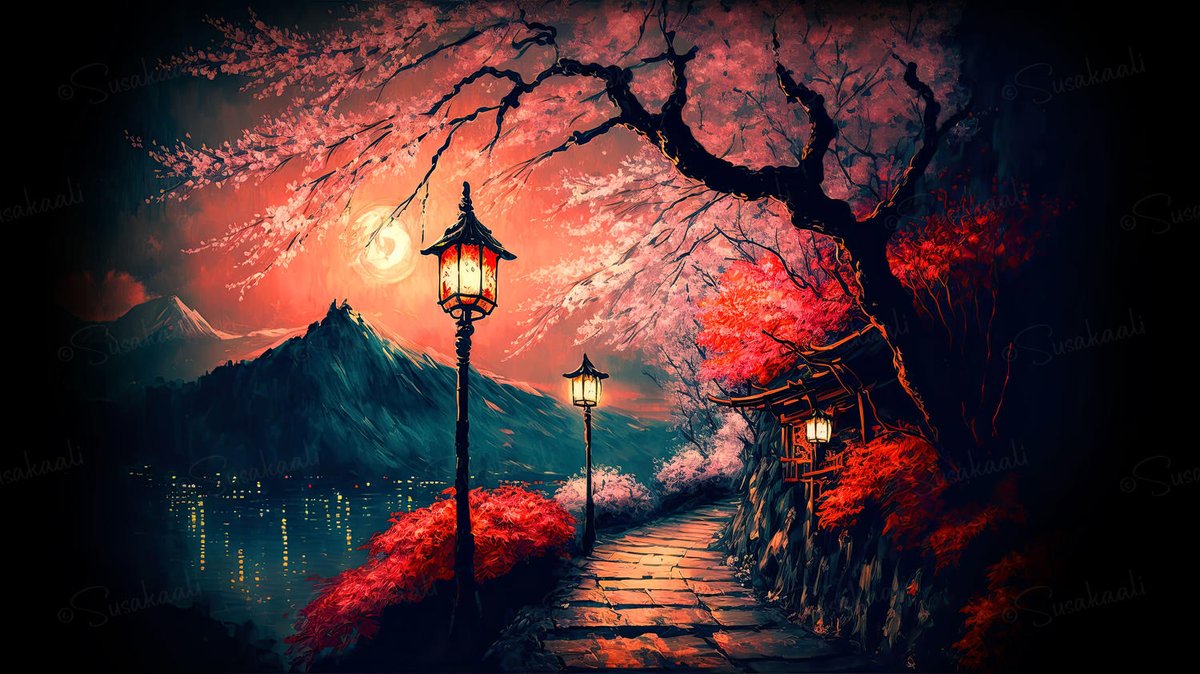 Susakaali's tweet photo. An ancient path in an Asian #world, surrounded by #cherryblossoms in full bloom. The sun sets, revealing a small shrine and a breathtaking moment of #natural #beauty

#Travel #relaxing #music #asian 
📺https://t.co/mT78LdjsBu https://t.co/QSFHTRUBAB