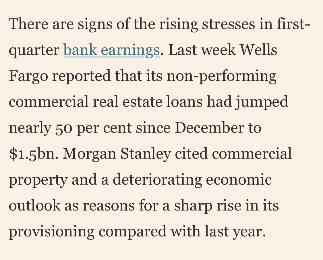 elerianm's tweet photo. From the Financial Times article on “US banks on alert over falling commercial real estate valuations.”

As noted previously, the moment of truth for this sector includes the refinancing of some $1 trillion in holdings over the next 18 months — specifically, how smoothly the price mechanism and balance sheets reconcile challenged “stock” conditions with a potentially favorable “flow” situation.

#markets #commercialrealestate #investing #investors @ft #banks