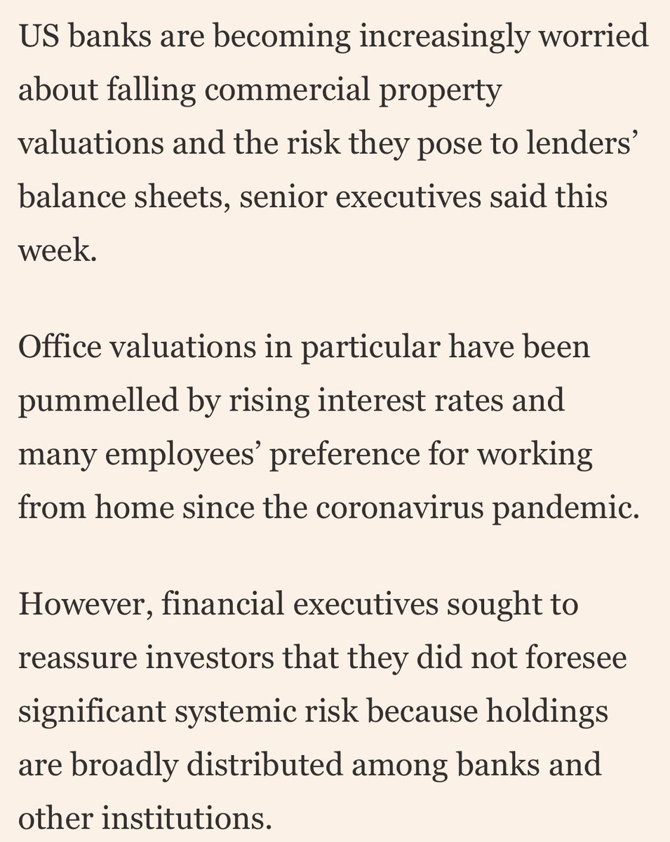 elerianm's tweet photo. From the Financial Times article on “US banks on alert over falling commercial real estate valuations.”

As noted previously, the moment of truth for this sector includes the refinancing of some $1 trillion in holdings over the next 18 months — specifically, how smoothly the price mechanism and balance sheets reconcile challenged “stock” conditions with a potentially favorable “flow” situation.

#markets #commercialrealestate #investing #investors @ft #banks