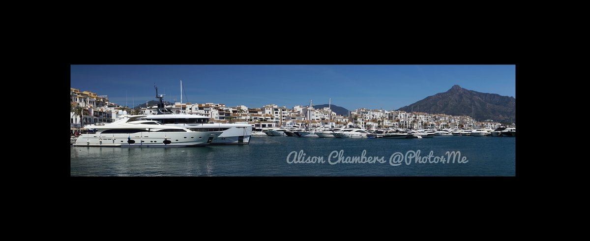 Puerto Banus Panorama  Framed Mounted Print by Alison Chambers shar.es/afOYus #PuertoBanus #PuertoJoseBanus #SierraBlanca #Espana #Spain #SpanishPhotography #yacht #Marbella