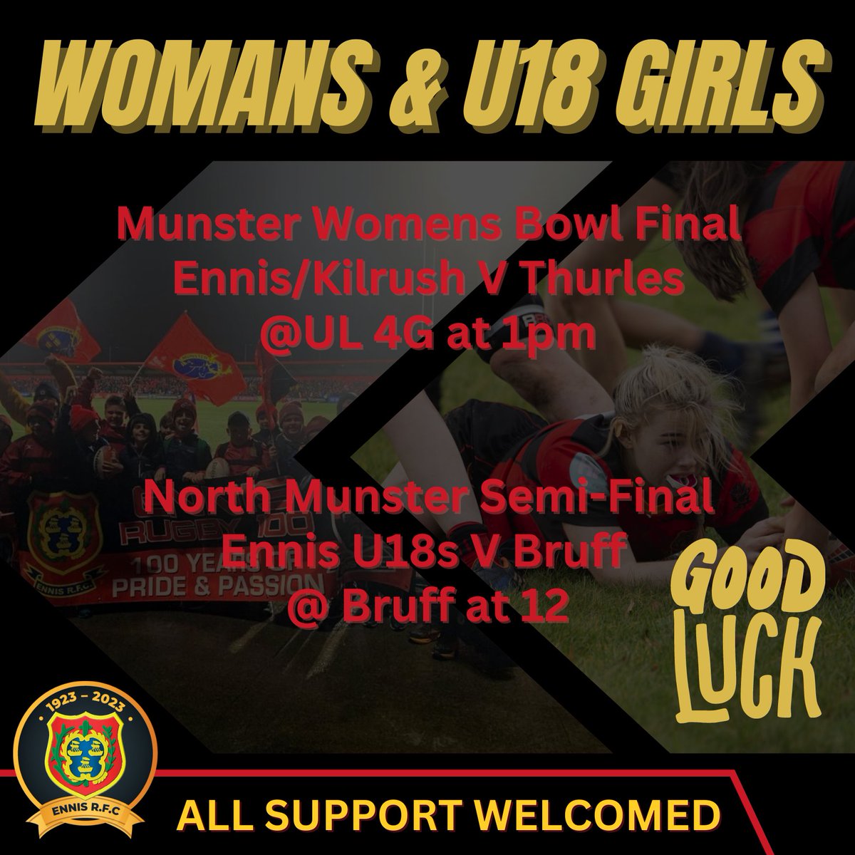 Good Luck to our Ennis/Kilrush Woman's Team & our U18 Girls team today as they face off into finals! All support welcomed! @KilrushRFC @ClareChampion @ClareFM @ClareEcho #ennisrugby100