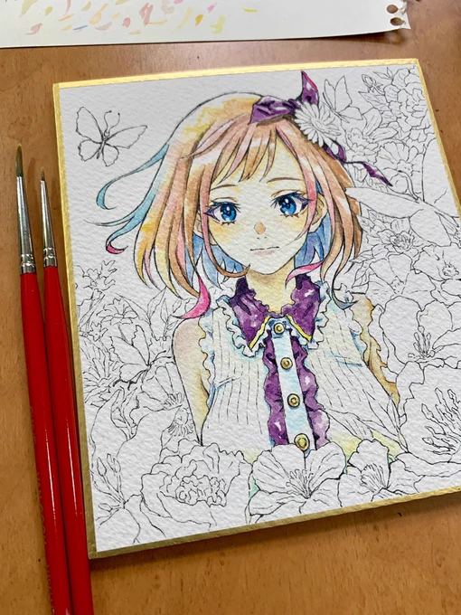 花まみれのイラスト作成中#イラスト #アナログ絵 #オリジナルイラスト #水彩 