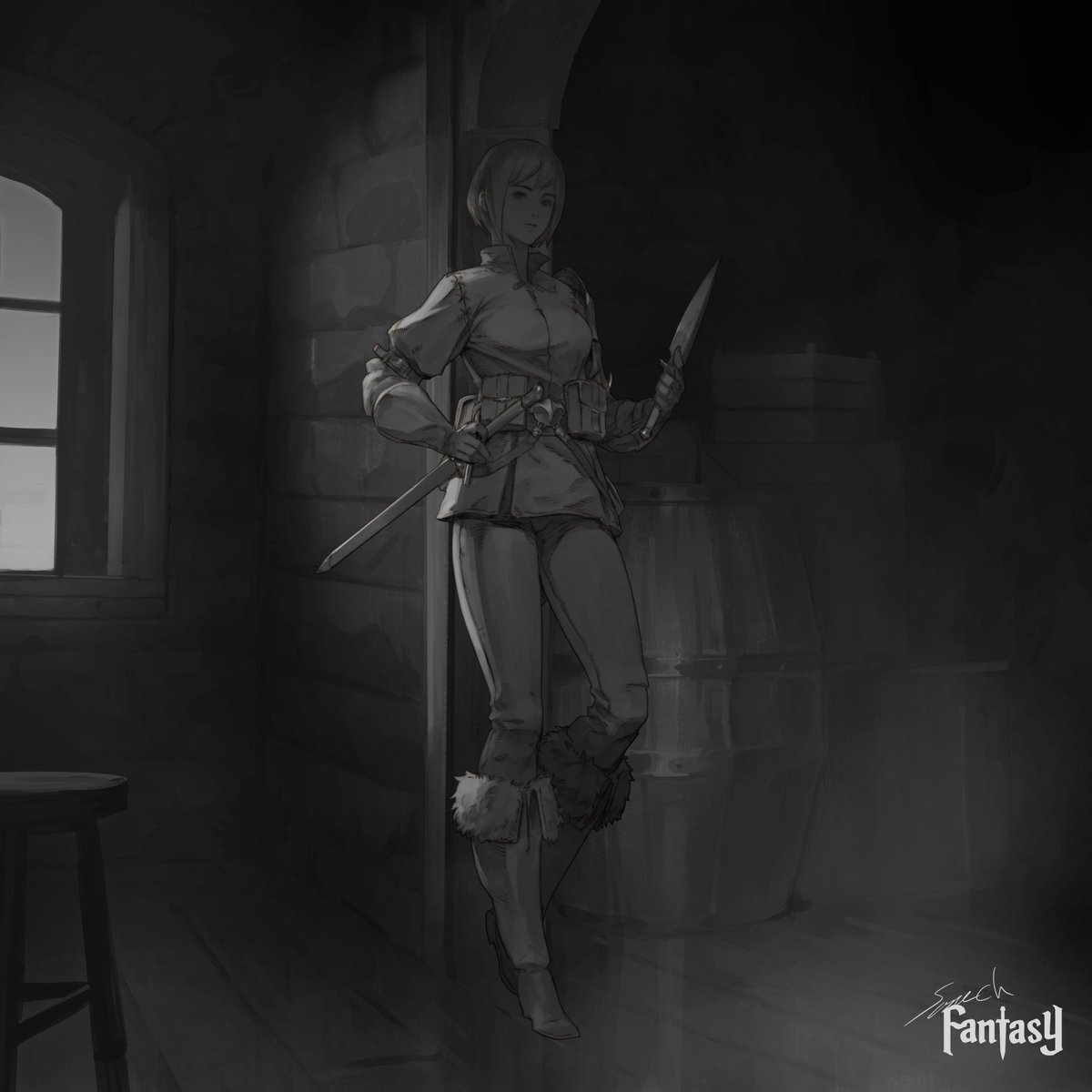 「弓士と剣士の線画と陰影 」|sonechのイラスト