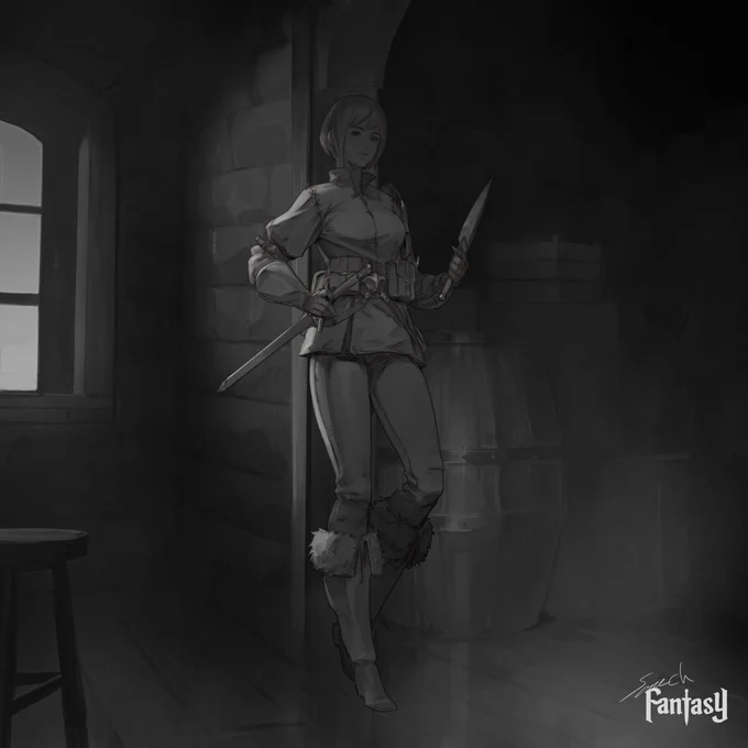 弓士と剣士の線画と陰影 
