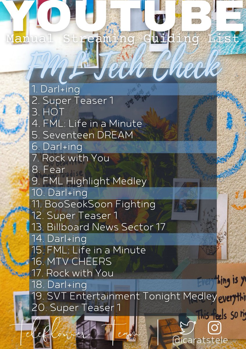 icaratstele's tweet photo. #TechCheck_FML final day!
Here are our final 2 manual streaming playlists for the day! Let's finish this off strong to welcome in the new era!
Playlist versions:
1. https://t.co/Xrk2WWhPhp
2. https://t.co/KwPz2bBpki
@pledis_17 #세븐틴 #SEVENTEEN https://t.co/PeRe6SXNOM