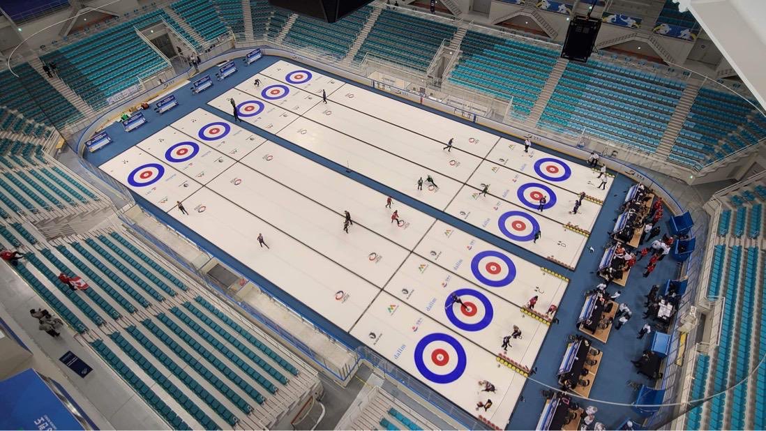 A Birds Eye view from the roof gantry of the World Seniors venue in Gangneung South Korea #curling #wcf #icetech #wscc2023