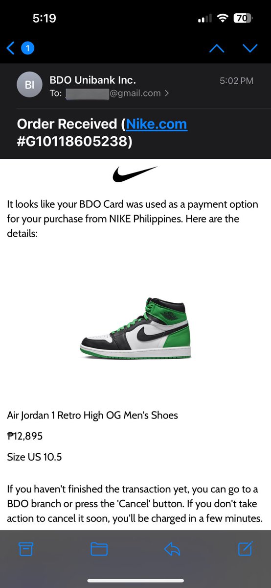 the_jjjjam's tweet photo. [THREAD] I just got a phising email and sharing with everyone for awareness. Got this email from “BDO Unibank Inc.” that my card was used to purchase from Nike asking me to cancel the transaction if I didn’t make the purchase. So I did further checking to validate… https://t.co/7OGkal9Zmg