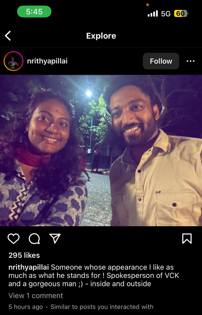 KishoreIyer5's tweet photo. Nrithya Pillai with the same accused Vikraman inside the #Kalakshetra campus!

Now, shamelessness has two faces! https://t.co/fszPrB7ftB