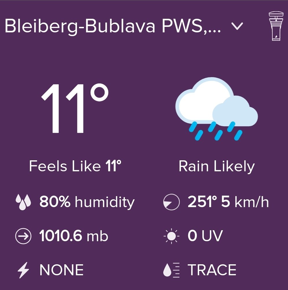 omicronCZ's tweet photo. Bleiberg zamračený s lehkým deštěm🌧️
Teplota 11°C, vlhkost 80%.
UV 1

Klidný vánek (1 Bft, Z). Tlak stabilní. Viditelnost 24 km.

Krásnou neděli z meteostanice #Tempest na Bublavě v Krušných horách😊

https://t.co/zWB5C9JyCZ

#WeatherTweet #weatherflow #pws #Bublava https://t.co/v3n1WmOAJF