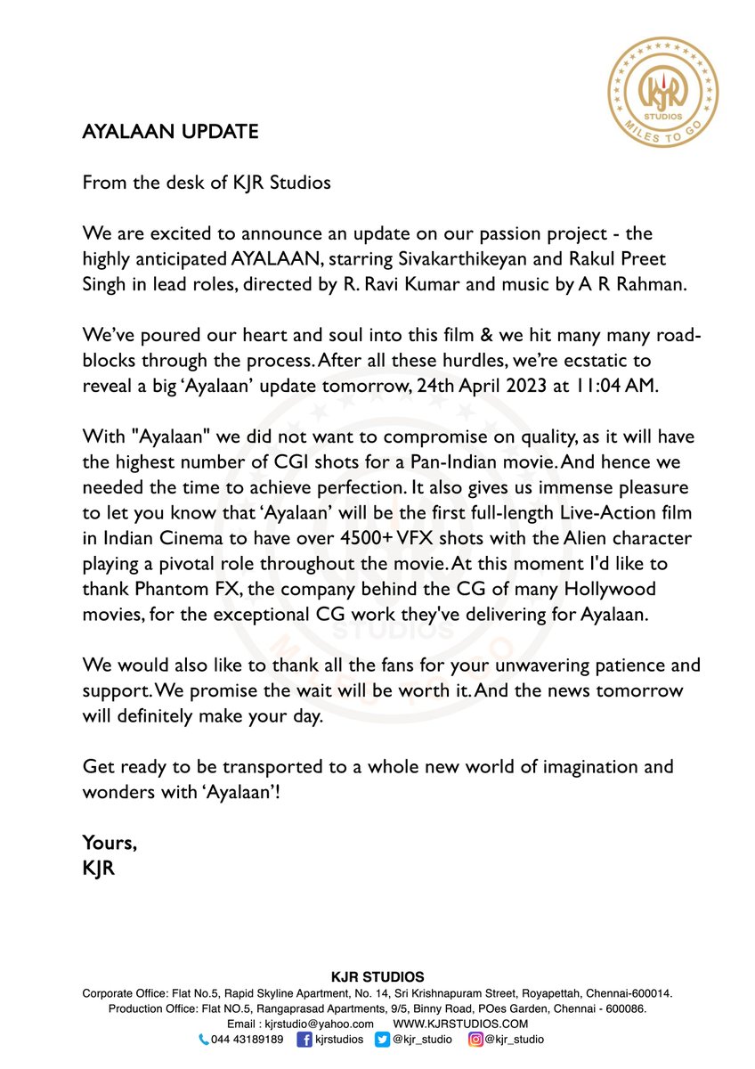 kjr_studios's tweet photo. Here's what you've all been asking for! And it's coming to you bigger and grander 🔥

Tomorrow 11:04 AM #AyalaanUpdate ❤️👽

#Ayalaan @Siva_Kartikeyan @arrahman @Ravikumar_Dir @24amstudios @Rakulpreet @ishakonnects @SharadK7 @iYogiBabu #Karunakaran #Niravshah @AntonyLRuben @muthurajthangvl @anbariv @SOUNDARBAIRAVI @gopiprasannaa @Pallavi_offl @phantomfx_india @sonymusicsouth @DoneChannel1 @gobeatroute