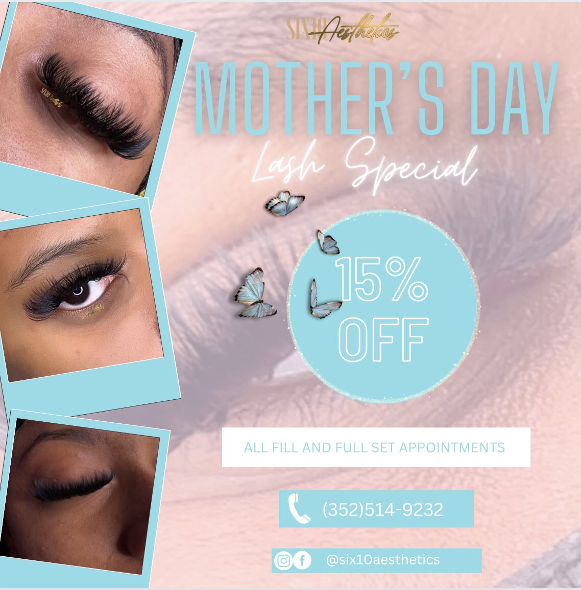 Treat yourself (or your mom!) to a lash makeover this Mother's Day season. 💁🏽‍♀️ Book with Six10 Aesthetics between May 1st and May 20th to receive 15% off your services. 

Gift certificates are also available but are not included in the sale. 🌹