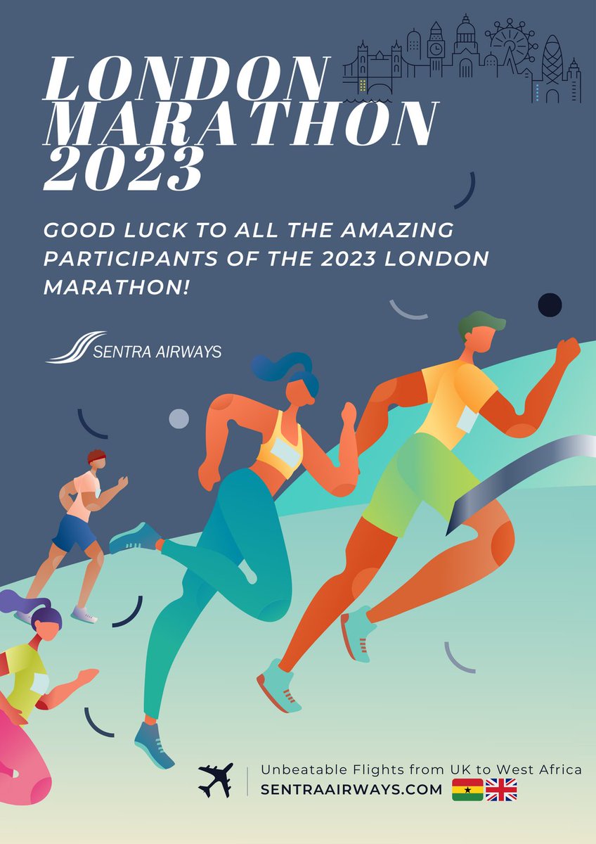 Wishing all participants of the 2023 London Marathon good luck from Sentra Airways! Our flights between the UK and West Africa are launching soon. Visit our website for more information. #SentraAirways #LondonMarathon2023 #GoodLuck #FlyWithUs #WestAfricaFlights