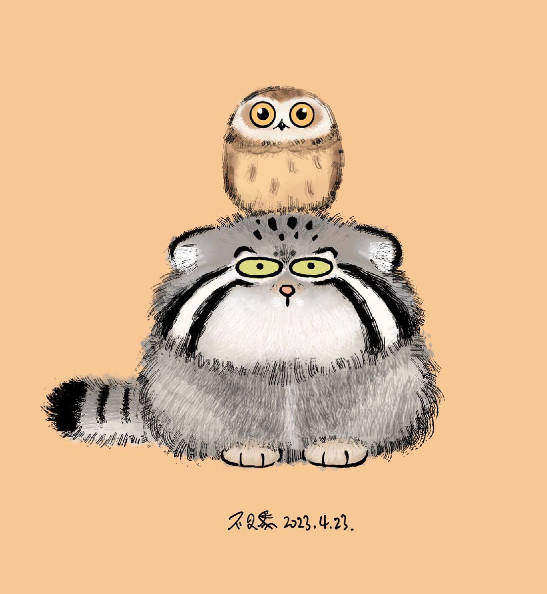 4/23 International Pallas's Cat Day
There is an 'Athene noctua(Little Owl)' on the head.

4/23 国際マヌルネコの日

#不二馬大叔 #Bu2ma #兔猻 #縱紋腹小鴞 #國際兔猻日 #pallasscat #マヌルネコ #Athenenoctua #LittleOwl #cat #9gag #meme #catmemes #catart #illustration #digitalart