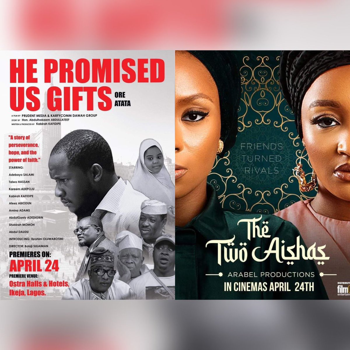 muslimnews_NG's tweet photo. Arabel’s The Two Aishas, Kafidipe’s Orę Àtàtà for cinema Monday
For the first time, Nigerian fun lovers would have the opportunity to watch two faith-based movies during the 2023 #Eid holiday, as #Arabel, Prudent media and KarfyComm Dawah Group premiere two movies.
#EidMubarak https://t.co/EKSu9EIKGL