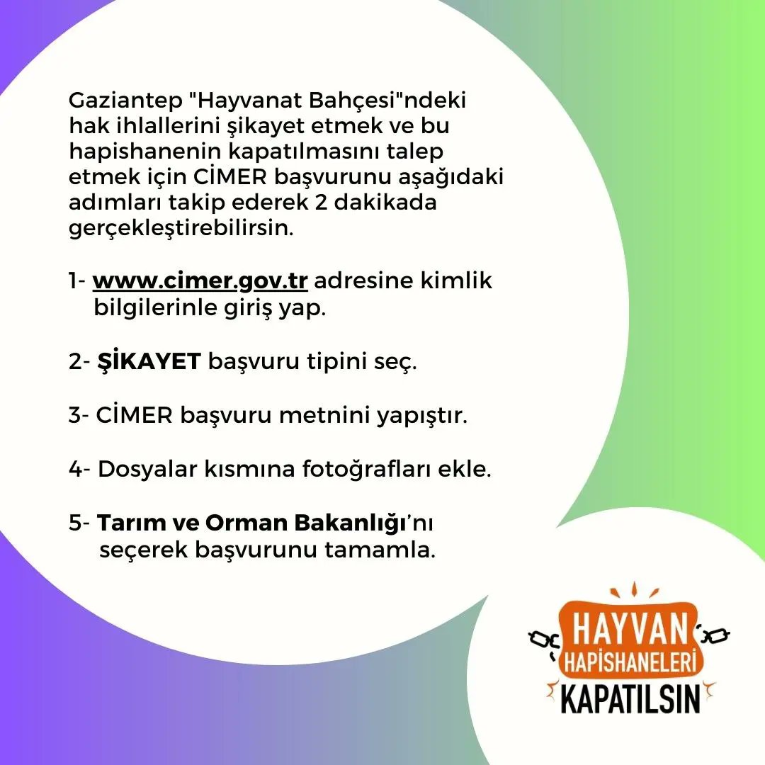 Gaziantep "Hayvanat Bahçesi"ndeki hak ihlallerini şikayet etmek ve bu hapishaneyi kapattırmak için hazırladığımız Cimer metni aşağıdaki uzantıda. Cimerden nasıl şikayet edeceğini öğrenmek için ikinci gönderiye bak.
drive.google.com/drive/mobile/f…
#hayvanhapishanelerikapatılsın