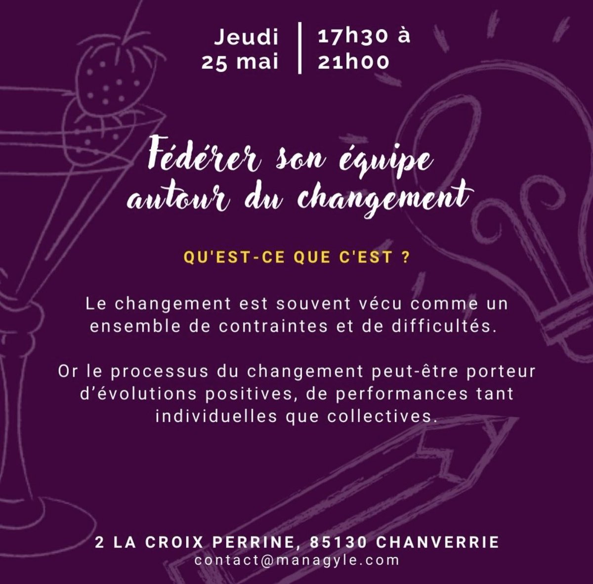 managyle's tweet photo. Les AfterWorks de Managyle !
🔜 25 Mai à partir de 17:30 

« FEDERER SON ÉQUIPE 
AUTOUR DU CHANGEMENT » 
par Anne Herbreteau 🔥

À vos inscriptions 
🔻🔻🔻🔻🔻🔻
https://t.co/z9aMUfrWG8 
#territoireApprenant #lieuhybride  #savoirs #convivial https://t.co/q06ZsqTVbH