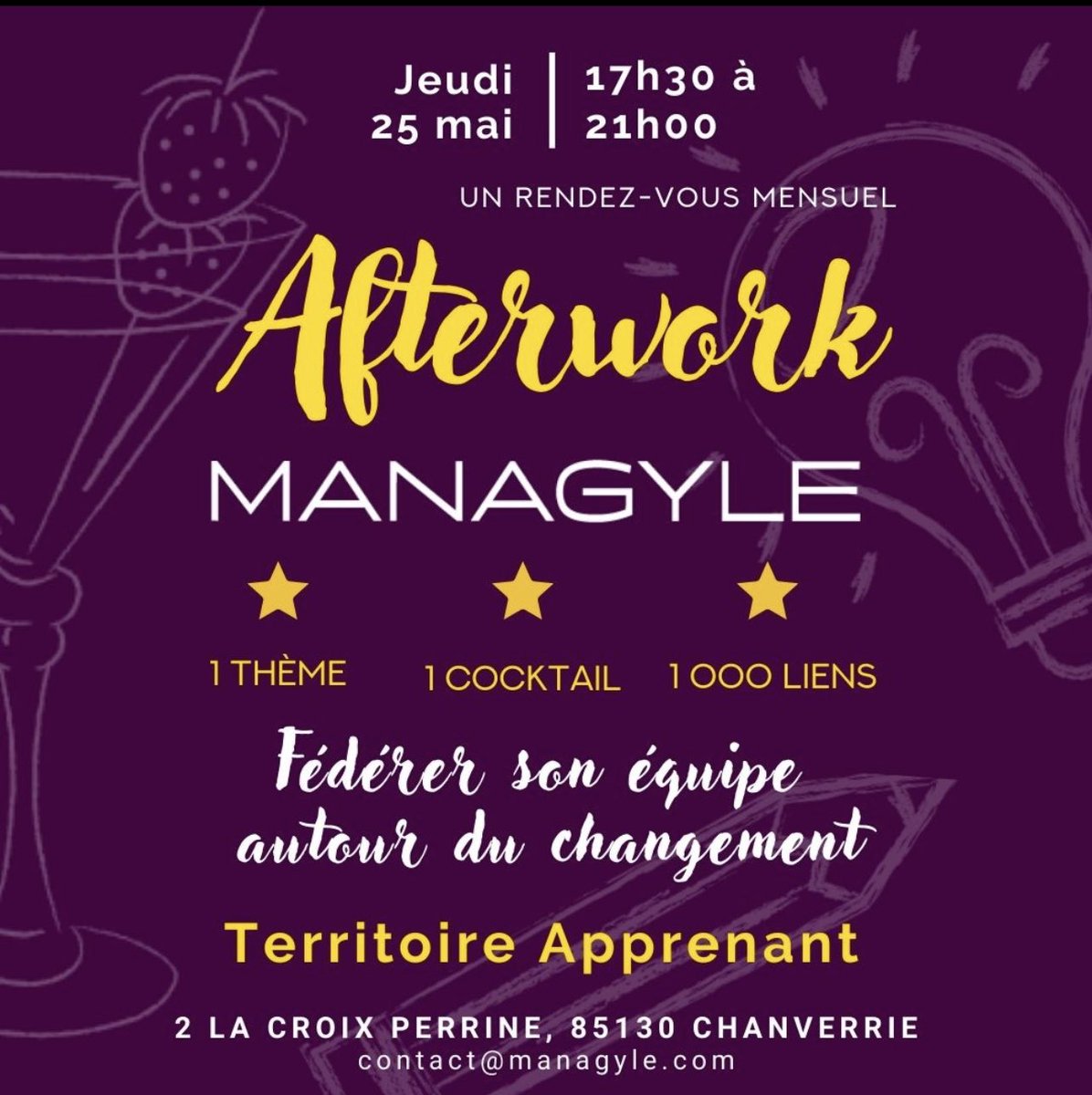 managyle's tweet photo. Les AfterWorks de Managyle !
🔜 25 Mai à partir de 17:30 

« FEDERER SON ÉQUIPE 
AUTOUR DU CHANGEMENT » 
par Anne Herbreteau 🔥

À vos inscriptions 
🔻🔻🔻🔻🔻🔻
https://t.co/z9aMUfrWG8 
#territoireApprenant #lieuhybride  #savoirs #convivial https://t.co/q06ZsqTVbH