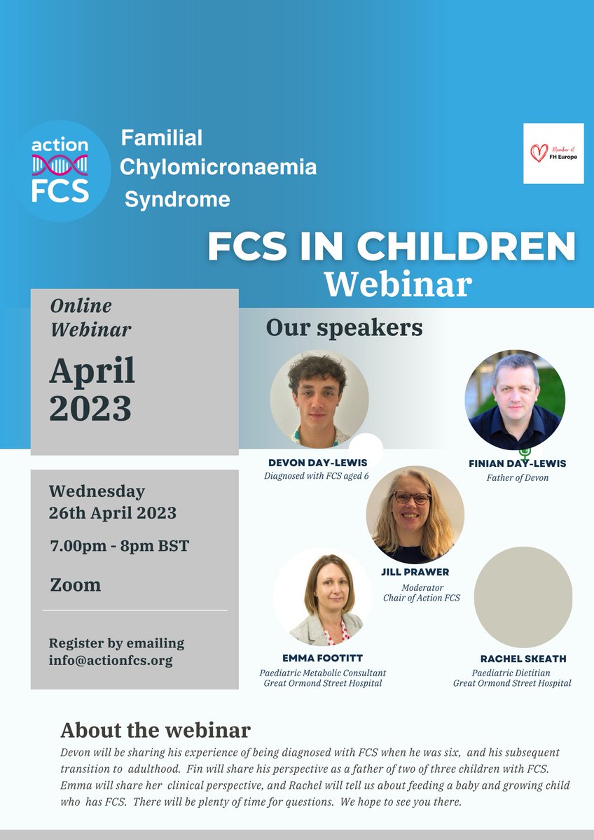Don't forget to register for next Wednesday's webinar: FCS in Children. For more information and to register actionfcs.org/get-involved/e… @heartukcharity @livingwithfcs @LipodystrophyUk @RareBeacon @GeneticAll_UK @manchester_cv @lipiddoc @quilomicronemi1