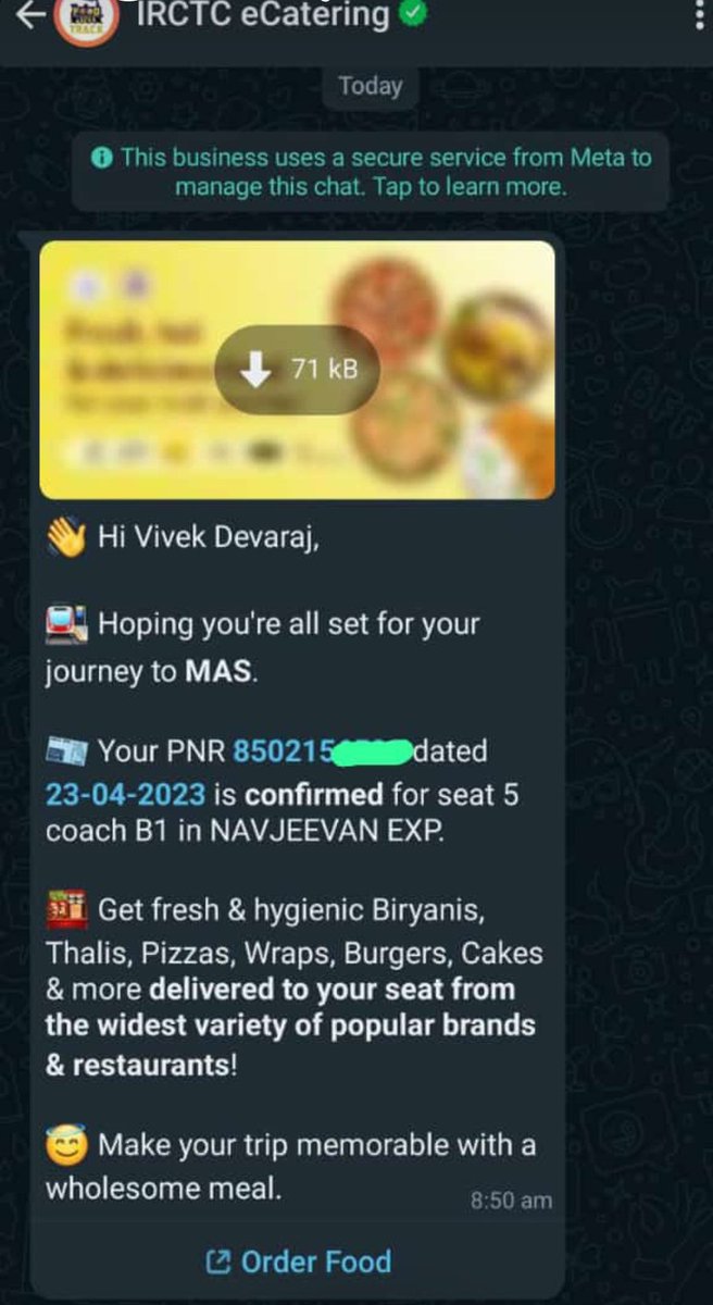 vivee90's tweet photo. Clever nudge with a useful data as hook. 

Irctc capitalising on the travel data they have to nudge customers to order food via the app. Smart marketing. 

Good to see public organisations taking the extra step to bring in revenue.  #IRCTC  #MarketingStrategy https://t.co/C1N7biSCP4