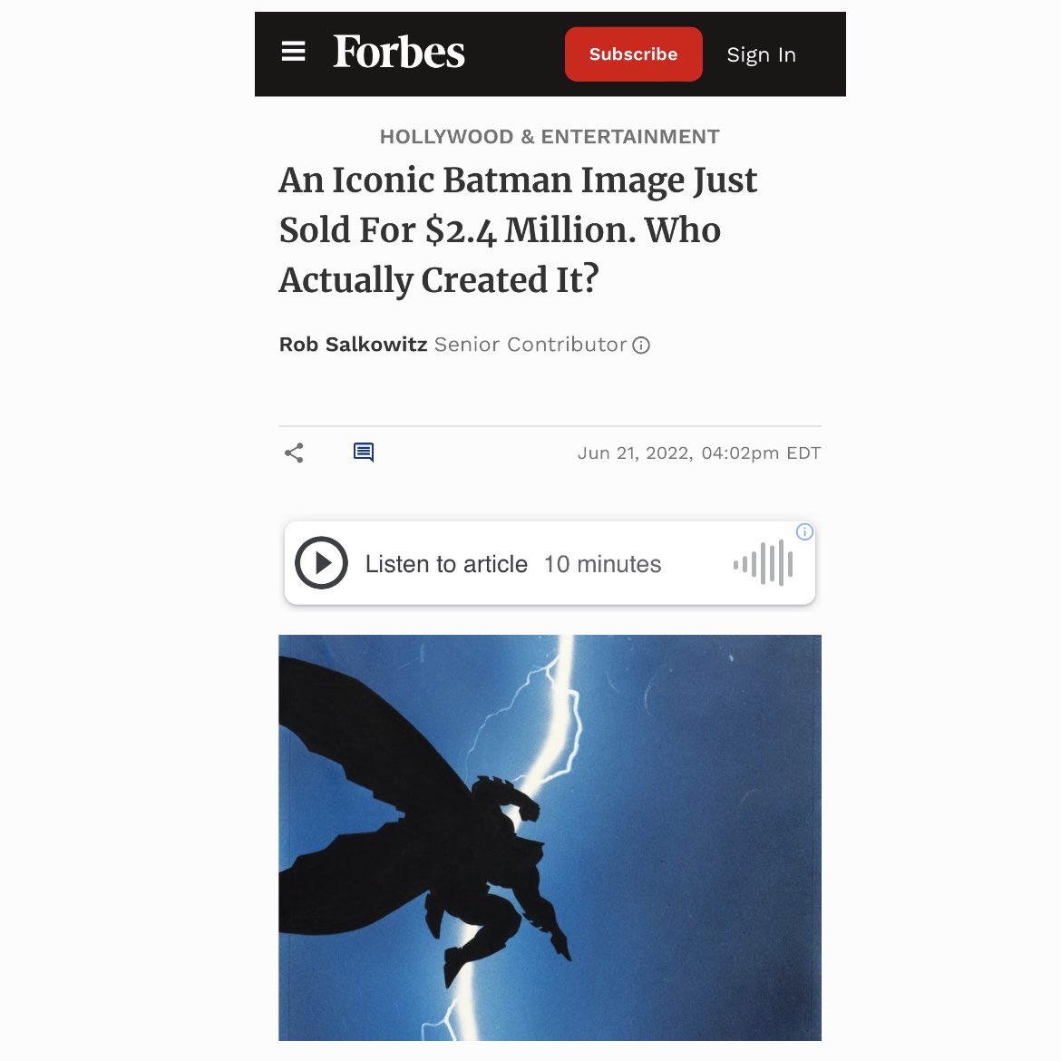 When Frank Miller original cover art sold for USD2.4 million (Jun-22) making it the most expensive mainstream comic book cover art sold publicly. One of the GOAT creator