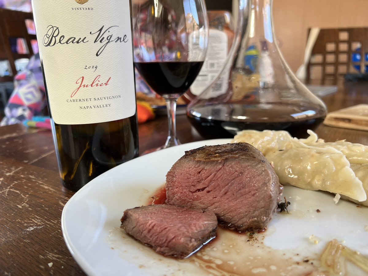 beardybeats's tweet photo. Delicious with a reverse seared smoked filet Though I think the label is crooked? #wine #steak https://t.co/iEMM8Xg6o3