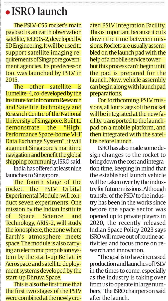 UpscScreenshots's tweet photo. Latest From ISRO .
Read the Thread. 
High Chances of Question from Concept "POEM" in ISRO's launching system. #ISRO #PSLVC55 #UPSC #UPSC2023 https://t.co/QkmXo7eStS