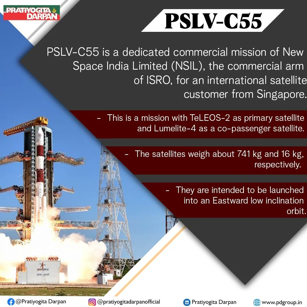 pdarpan's tweet photo. A polar satellite launch vehicle (PSLV) launched two Singaporean Satellites TeLEOS-2 and another called Lumelite-4 from Satish Dhawan Space Center, Sriharikota, on April 22.
#ISRO #PSLVC55 #TeLEOS2
.
.
.
#NSIL #Space #PratiyogitaDarpan #CurrentAffairs #IAS #UPSC #UPSCAspirants https://t.co/DC8eIltKjK