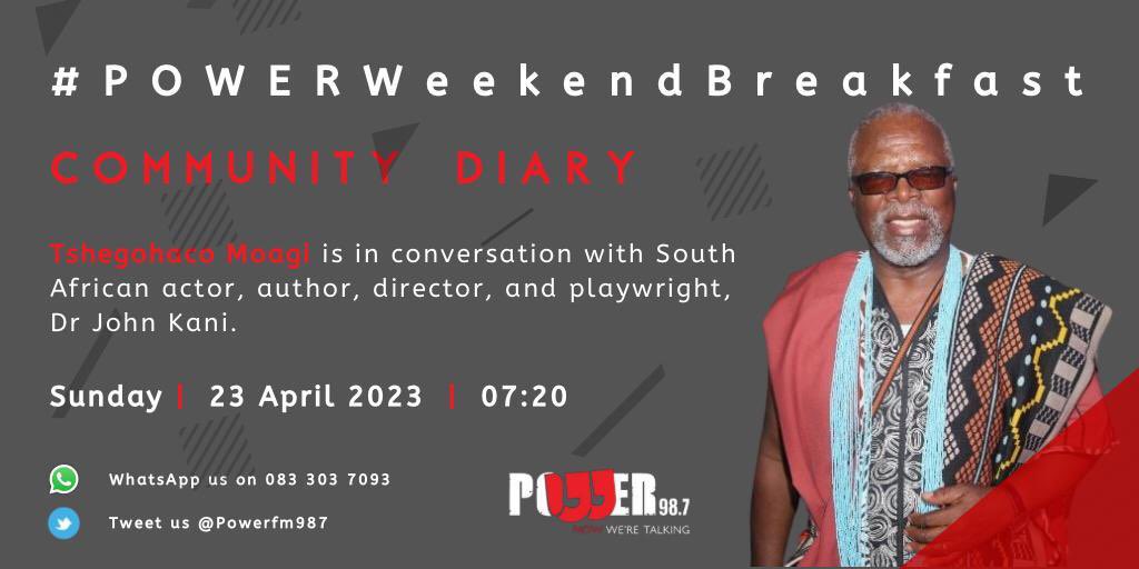 Powerfm987's tweet photo. [ON AIR] #CommunityDiary

@TshegoMoagi_ is in conversation with Dr John Kani, actor, author, director &amp; playwright as well as Transformational therapy specialist, Hakeem Anderson Lesolang unpacking the EmpowaMen seminar &amp; confronting toxic masculinity. 

#POWERWeekendBreakfast https://t.co/kBFGqxi8TW