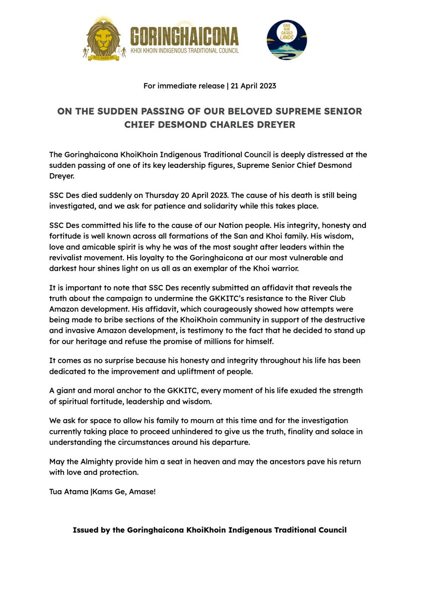 LiesbeekAction's tweet photo. The GKKITC is deeply distressed at the sudden passing of one of its key leader, Supreme Senior Chief Desmond Dreyer.

SSC Des died suddenly on Thursday 20 April. The cause of his death is still being investigated, and we ask for patience and solidarity while this takes place. https://t.co/q0hyG3kSHX