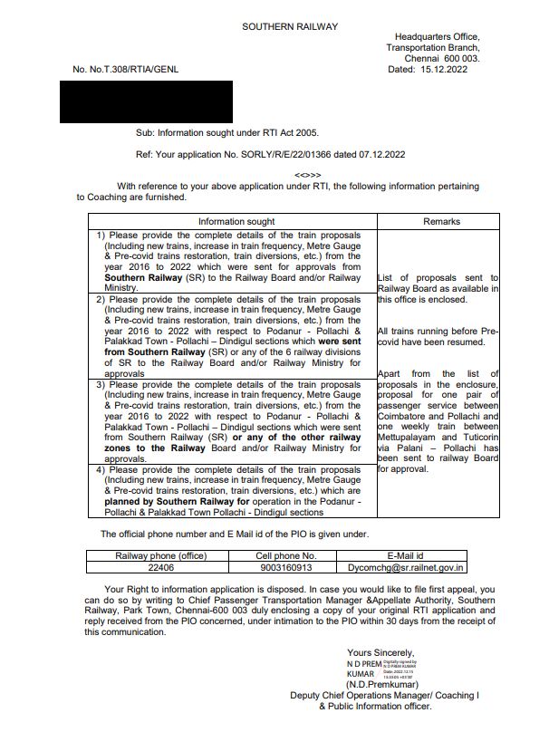 pollachitrain's tweet photo. RTI details regarding the train proposals for Pollachi / Coimbatore section sent by Southern Railway to Railway Board for approval. (Page 1 to 4).. https://t.co/taeDePTVmi