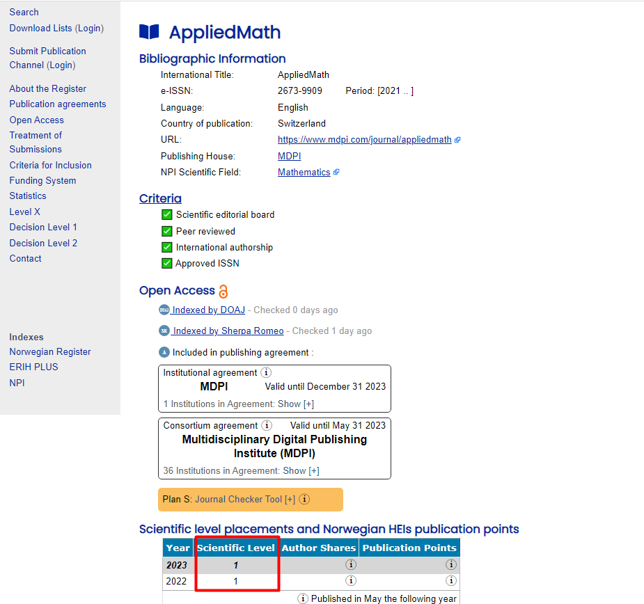 AppliedmathMDPI's tweet photo. #mathematics #OpenAccess #Norwegian
📢We are proud to announce that AppliedMath has achieved indexing in the Norwegian Register for Scientific Journals, Series and Publishers, Level 1.
https://t.co/oFLjO6q2RR https://t.co/6VM5ofhkTs