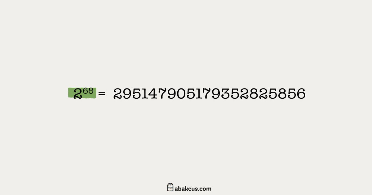 abakcus's tweet photo. 2^68 is the smallest power of 2 that contains the digits 0 through 9 at least once. https://t.co/sSVKadctLH