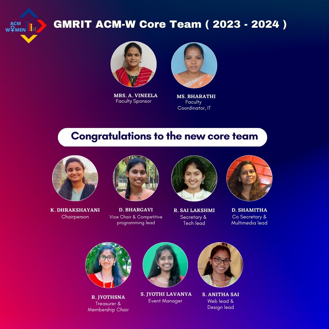 Congratulations to the new team of ACM_W (2023-2024)..!!🥳✨

New Team with New Responsibilities...!!!

Wishing Everyone ALL THE BEST to fulfill their responsibilities, work together and make ACM_W to achieve more heights...!!!

Thankyou Old Team For All the Support..!!☺️