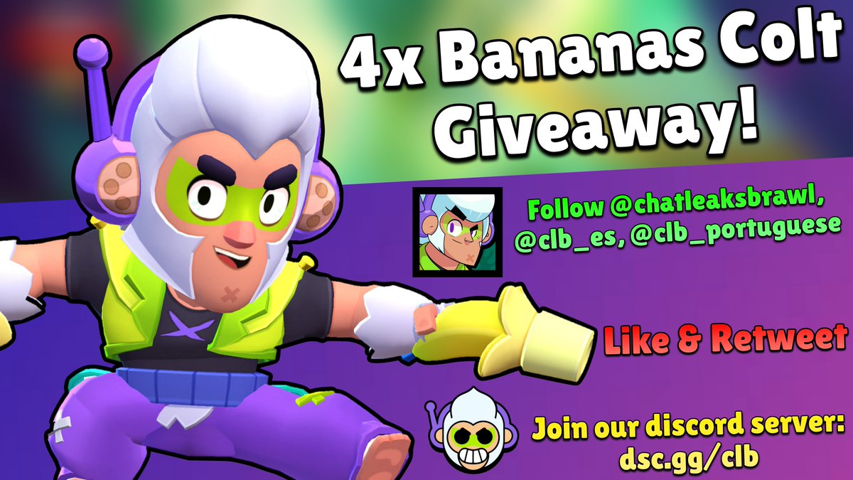 4x Bananas Colt Giveaway!

To enter:

🤝 Follow <a href="/chatleaksbrawl/">CLB - Brawl Stars Leaks</a>, <a href="/clb_es/">CLB Español</a>, <a href="/clb_portuguese/">CLB Português</a>
❤️♻️ Like and Retweet
💬 Comment your favourite skin in the update
🚪Join our discord server for 3x more skins: dsc.gg/clb

#BrawlStars #BananasColtGiveaway