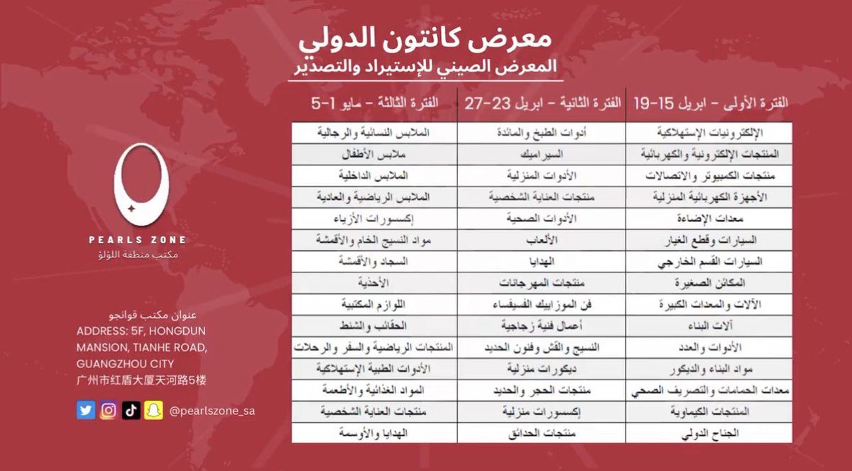جدول معرض كانتون الدولي
المرحلة الثانية:
من 23 ابريل - إلى 27 ابريل