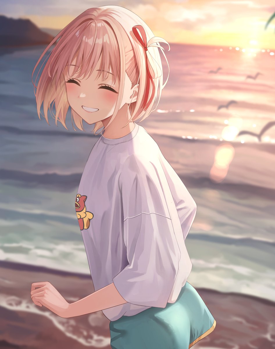 1girl solo closed eyes ponytail smile shirt sunset  illustration images