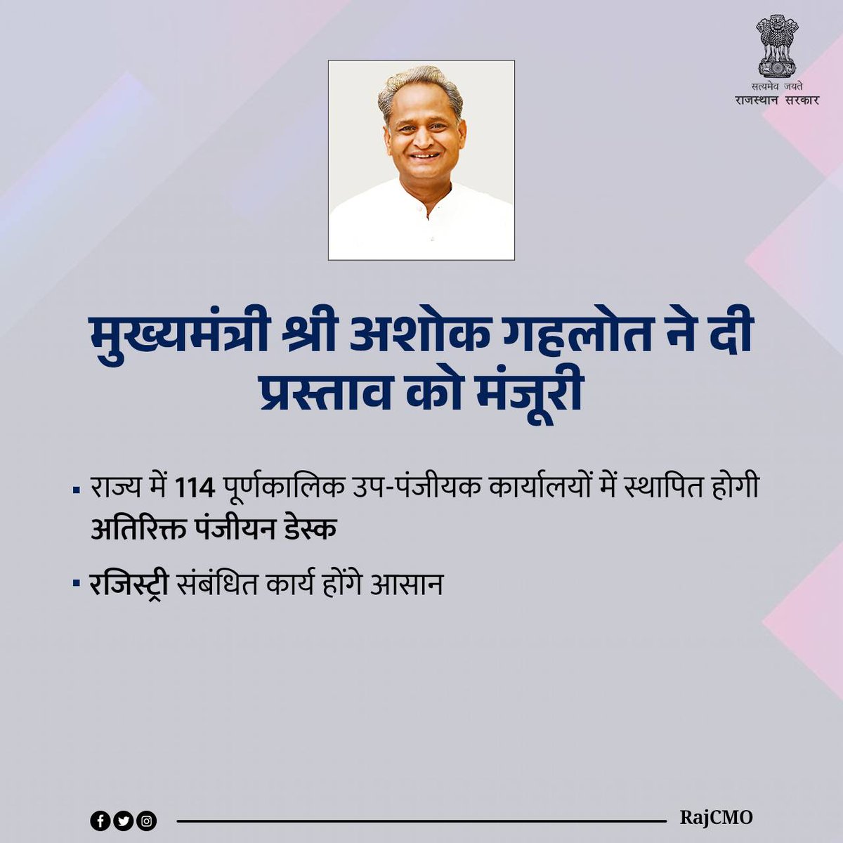 RajCMO's tweet photo. रजिस्ट्री संबंधित कार्यों को कराने में प्रदेशवासियों को अब और आसानी होगी। इसके लिए प्रदेश के समस्त पूर्णकालिक उप-पंजीयक कार्यालयों में अतिरिक्त पंजीयन डेस्क की स्थापना की जाएगी। मुख्यमंत्री श्री @ashokgehlot51 ने प्रस्ताव को मंजूरी प्रदान की। https://t.co/9LSQTH92Qh