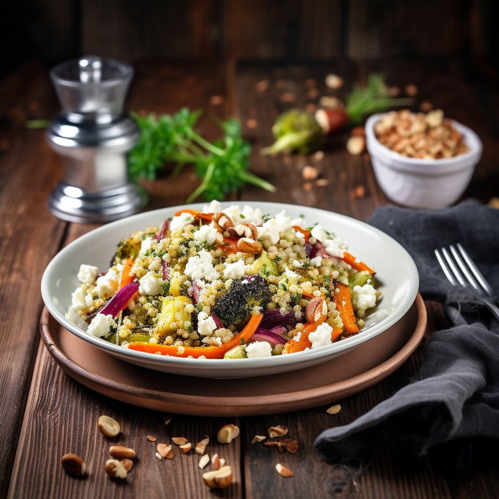 Ready for a delicious and healthy lunch? Try a flavorful Quinoa salad with roasted vegetables and feta cheese. Packed with protein and veggies, it's the perfect meal to power through the day. What are some of your favorite lunch options? #healthylunch #quinoasalad #vegetarian