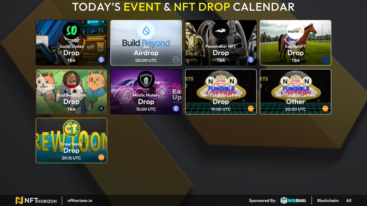 📅All Blockchains &amp; Ecosystems Apr 23 Calendar

Upvote💛 your favorite events!

(UTC)
00:00 <a href="/SuiNetwork/">Sui</a> Results of Ticket Draw
15:00 @MysticMotorsNFT Phase 2
19:00 @NFLottery Ticket Sale Weekly 61
20:00 @NFLottery Bonus 15 Live Draw
20:15 <a href="/CrewToons/">CrewToons</a> Supporter Drop 
TBA